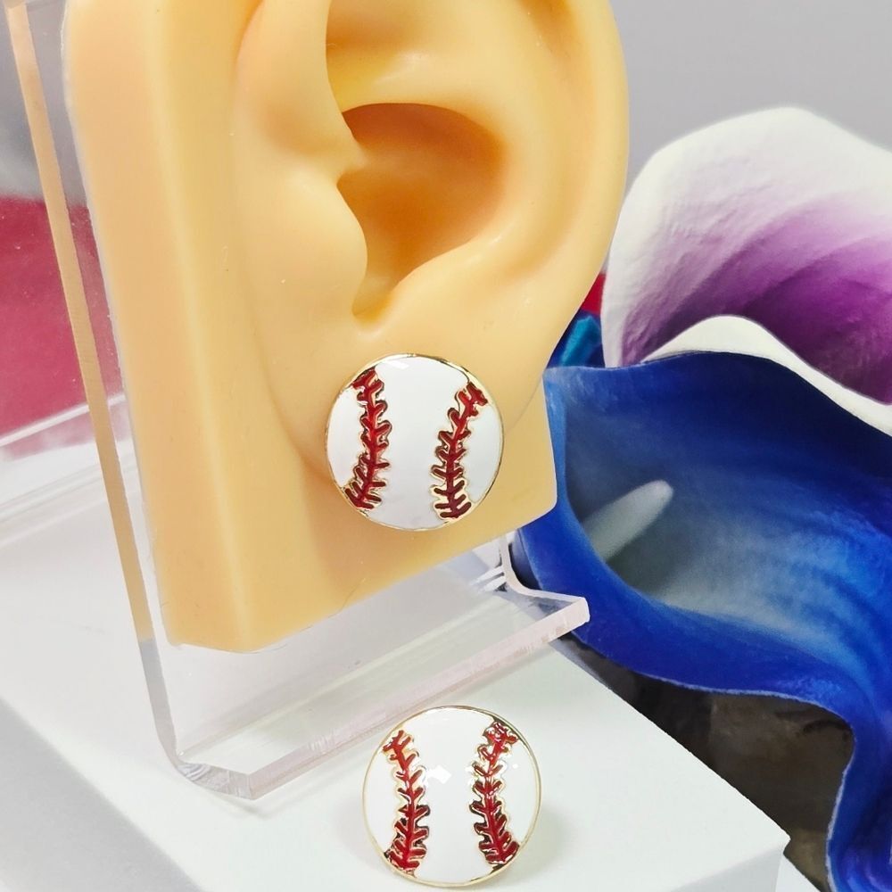 Baseball Stud Earrings ⚾✨ Gold & White Enamel Sports Jewelry Preppy Sporty Chic